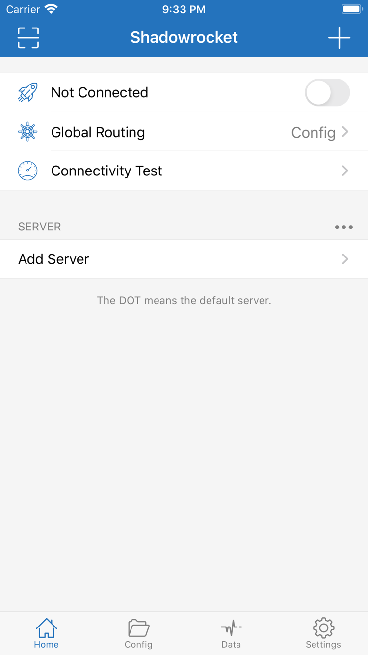 Official Shadowrocket Home screenshot showing Not Connected, Global Routing, Connectivity Test, and the SERVER section