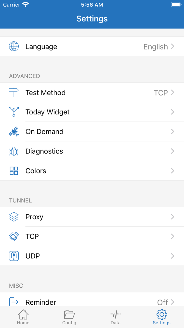 Shadowrocket 的 Settings 页，包含 Language、Test Method、Today Widget、On Demand、Diagnostics、Proxy、TCP 和 UDP