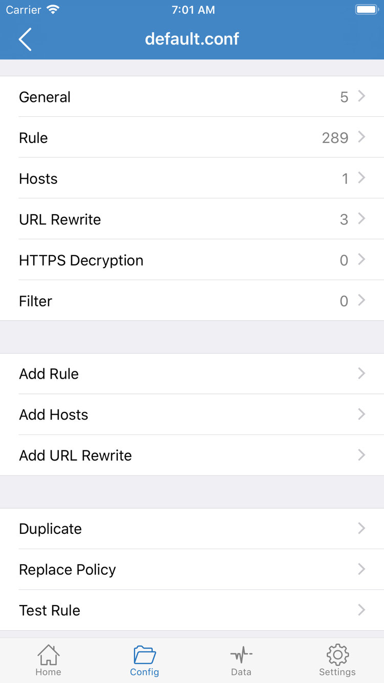 Shadowrocket 的 Config 配置文件编辑页，显示 General、Rule、Hosts、URL Rewrite、HTTPS Decryption 分段及 Add Rule